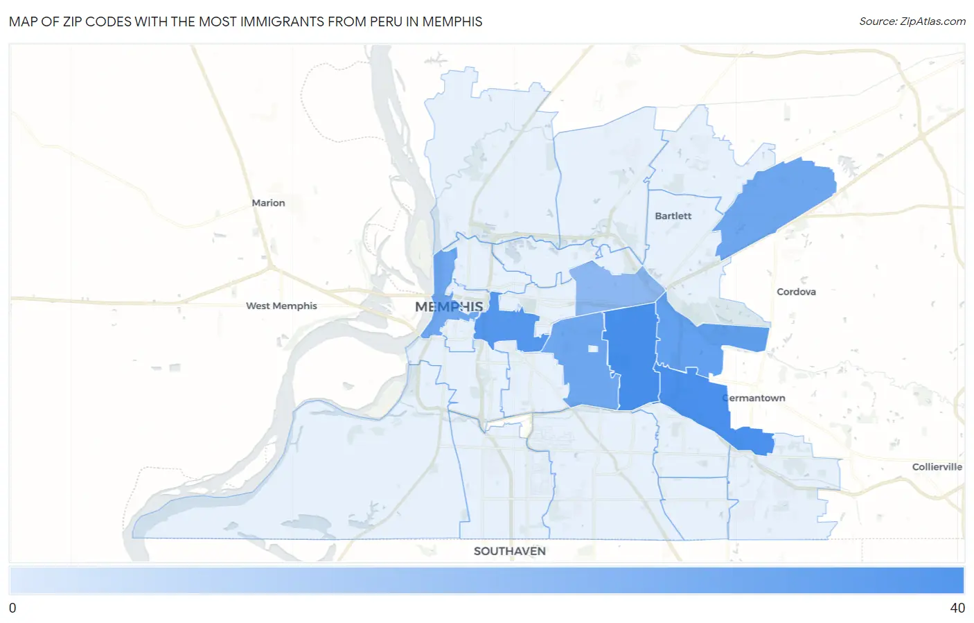 Zip Codes with the Most Immigrants from Peru in Memphis Map