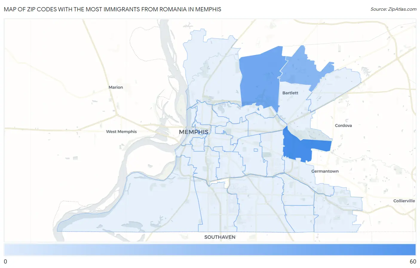 Zip Codes with the Most Immigrants from Romania in Memphis Map