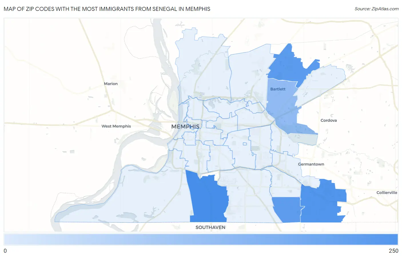 Zip Codes with the Most Immigrants from Senegal in Memphis Map
