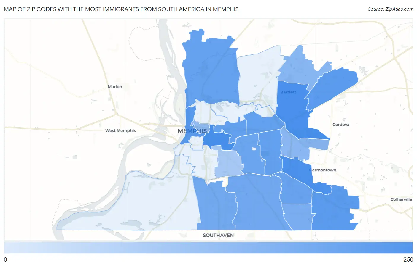 Zip Codes with the Most Immigrants from South America in Memphis Map