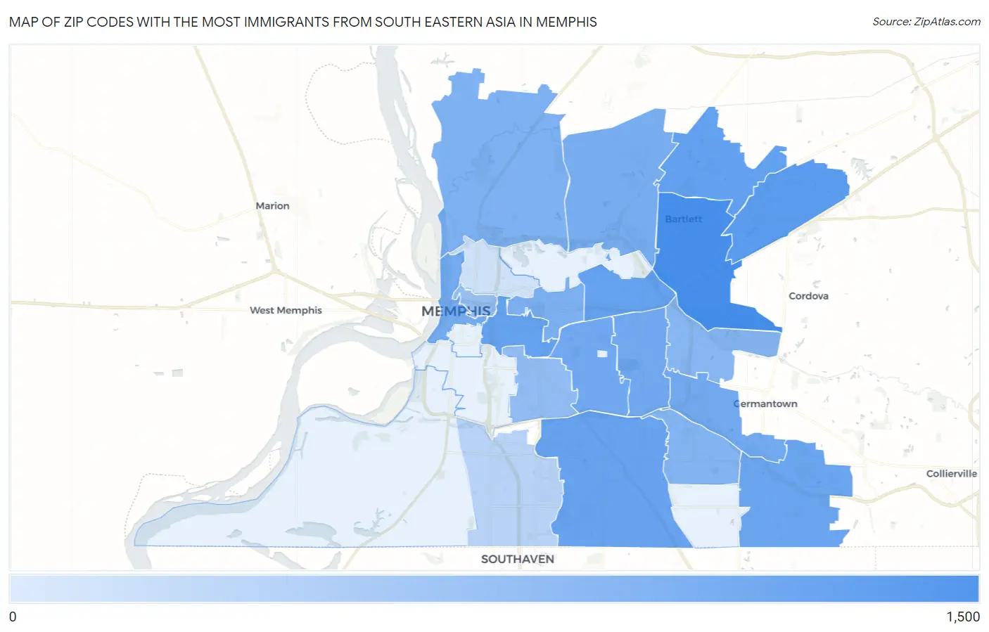 Zip Codes with the Most Immigrants from South Eastern Asia in Memphis Map