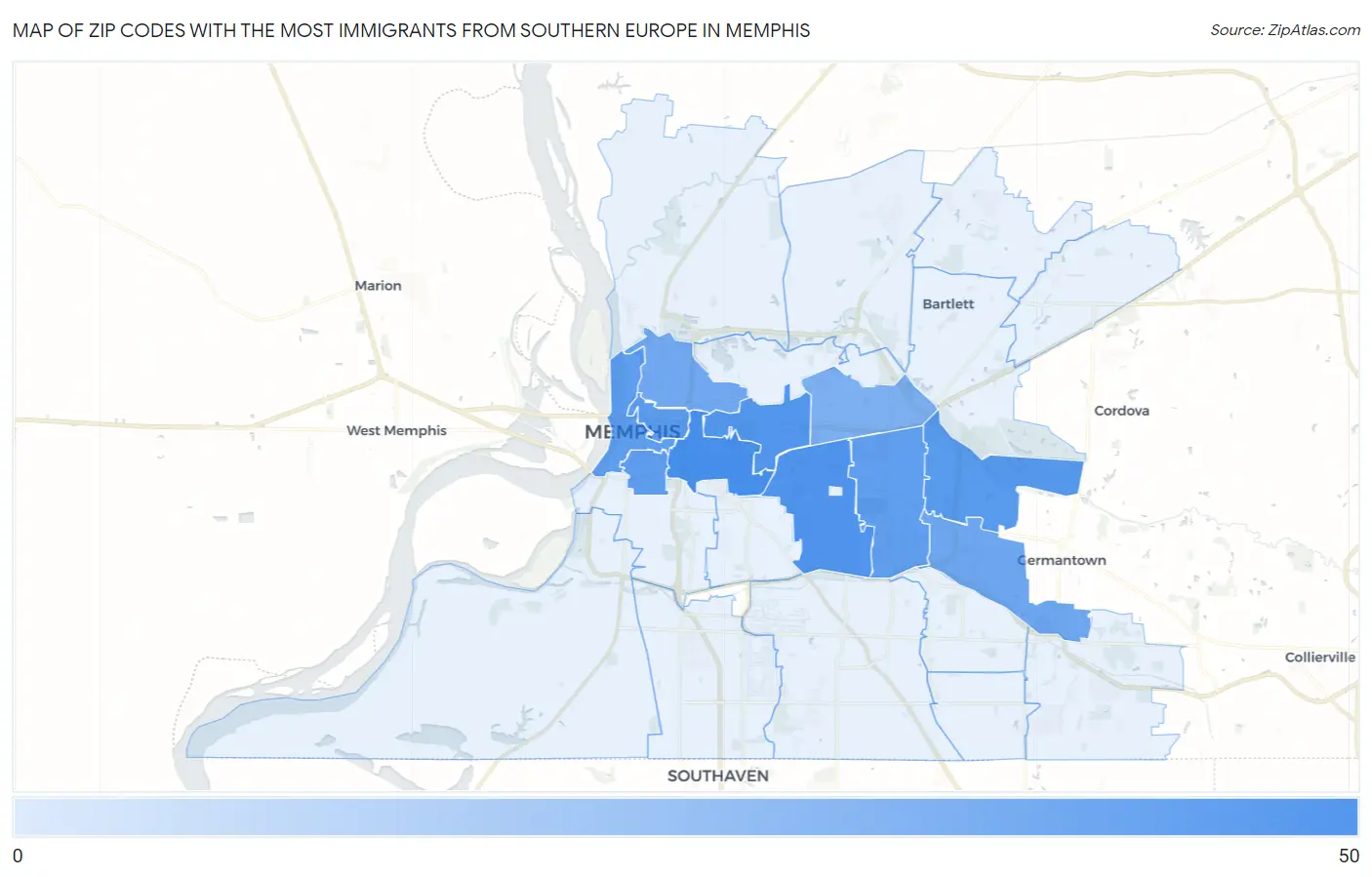 Zip Codes with the Most Immigrants from Southern Europe in Memphis Map