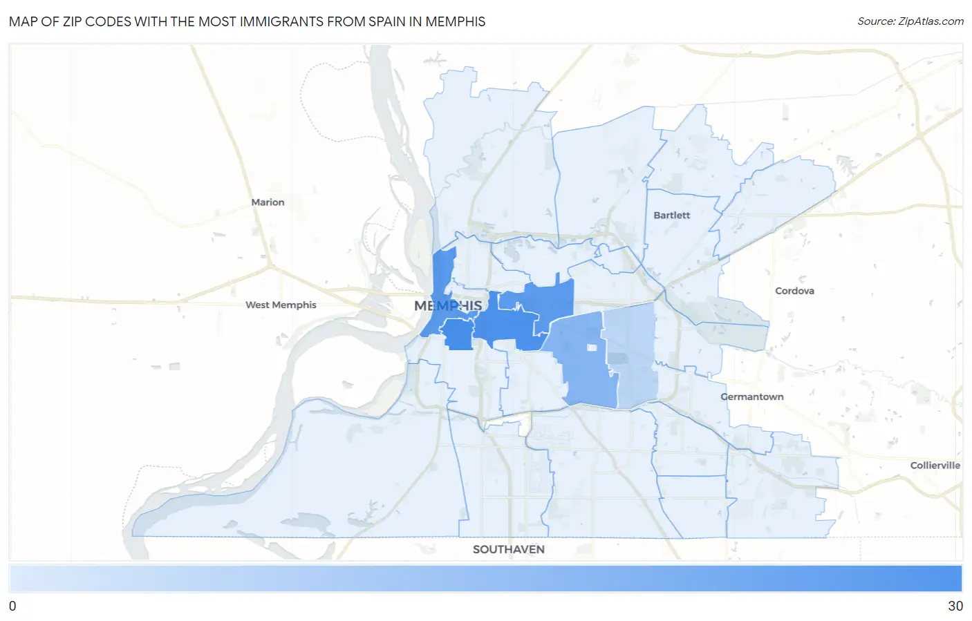 Zip Codes with the Most Immigrants from Spain in Memphis Map
