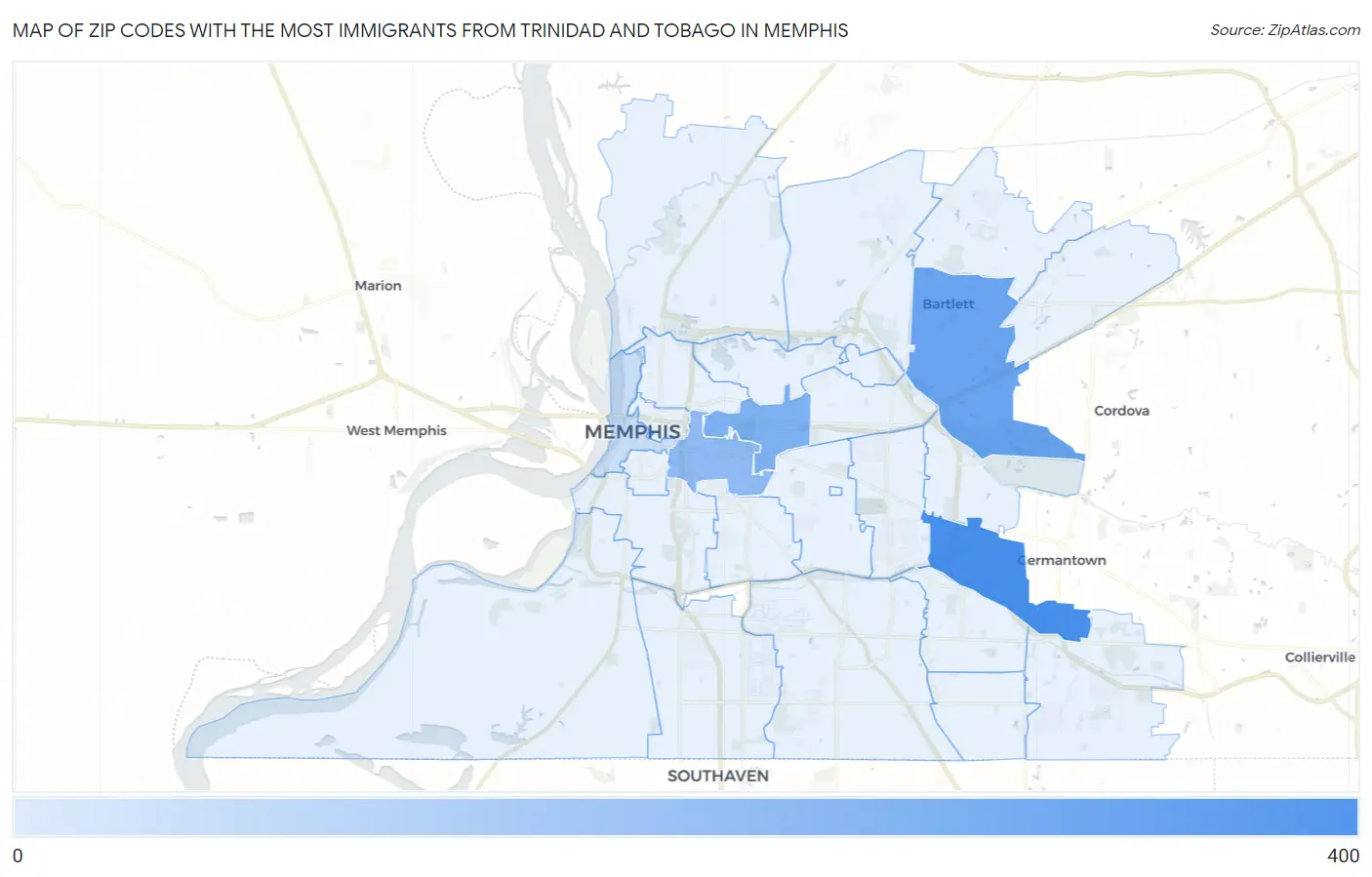 Zip Codes with the Most Immigrants from Trinidad and Tobago in Memphis Map