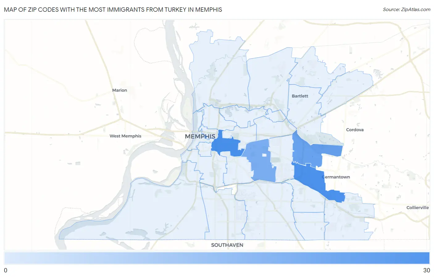 Zip Codes with the Most Immigrants from Turkey in Memphis Map