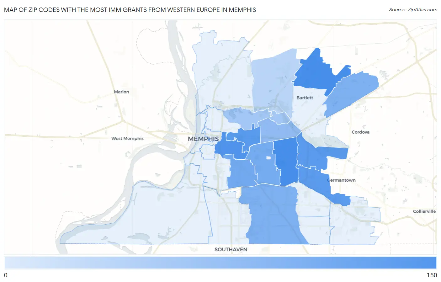 Zip Codes with the Most Immigrants from Western Europe in Memphis Map