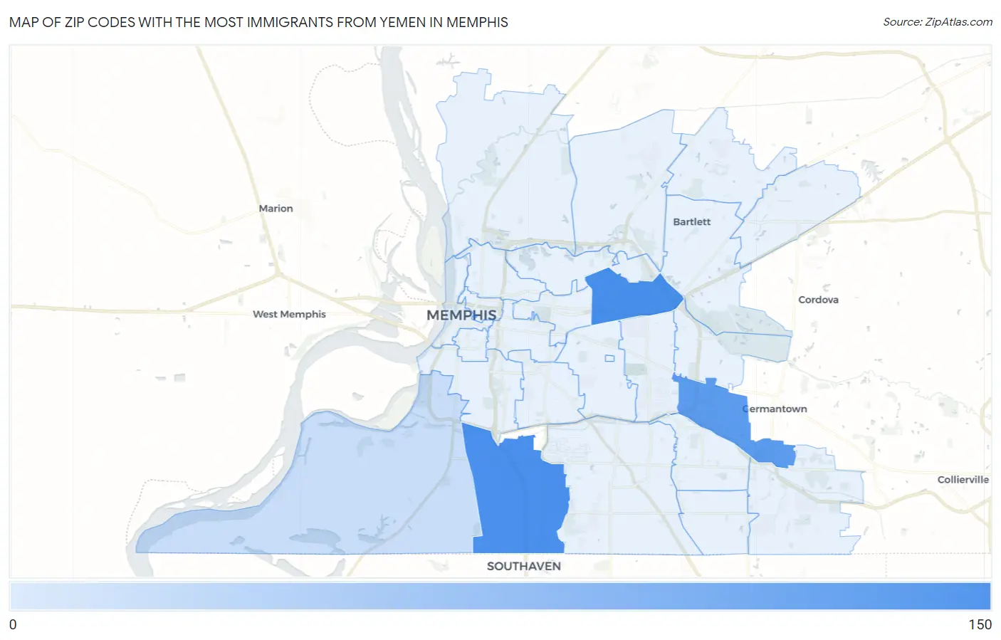 Zip Codes with the Most Immigrants from Yemen in Memphis Map