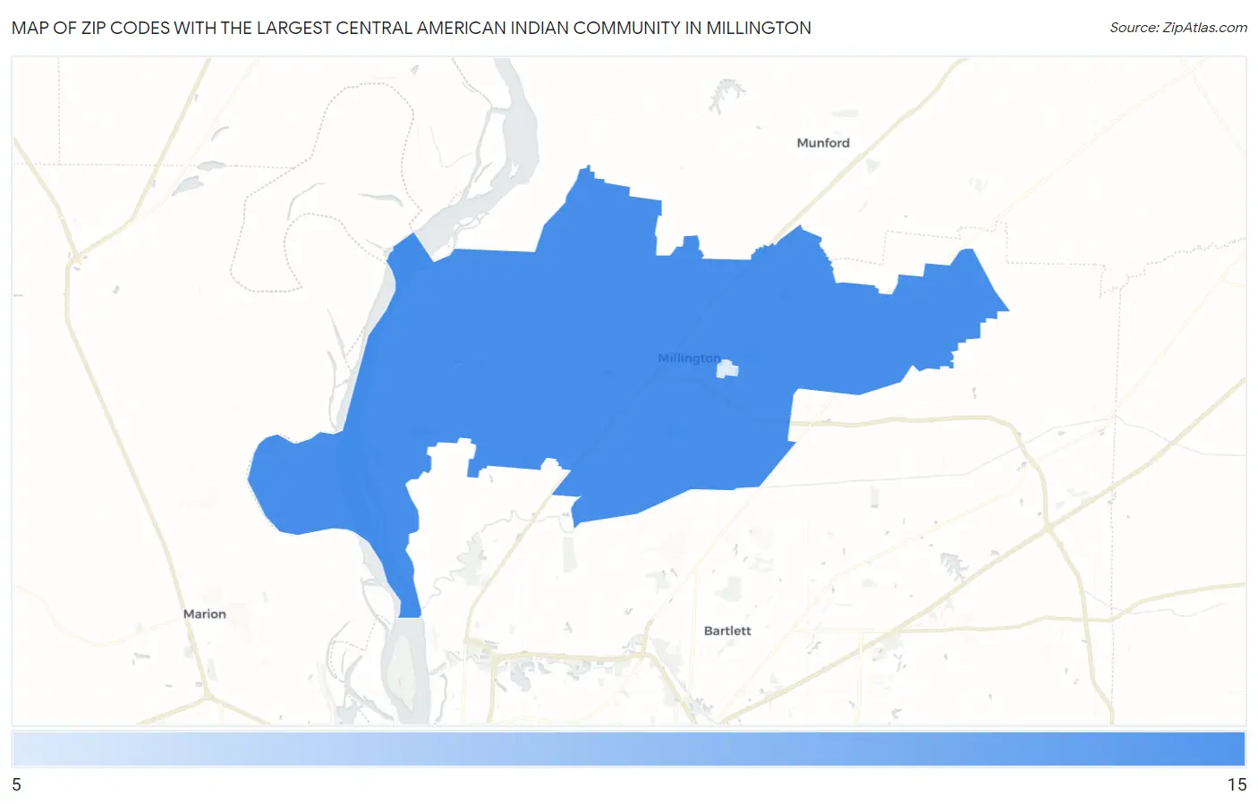 Zip Codes with the Largest Central American Indian Community in Millington Map