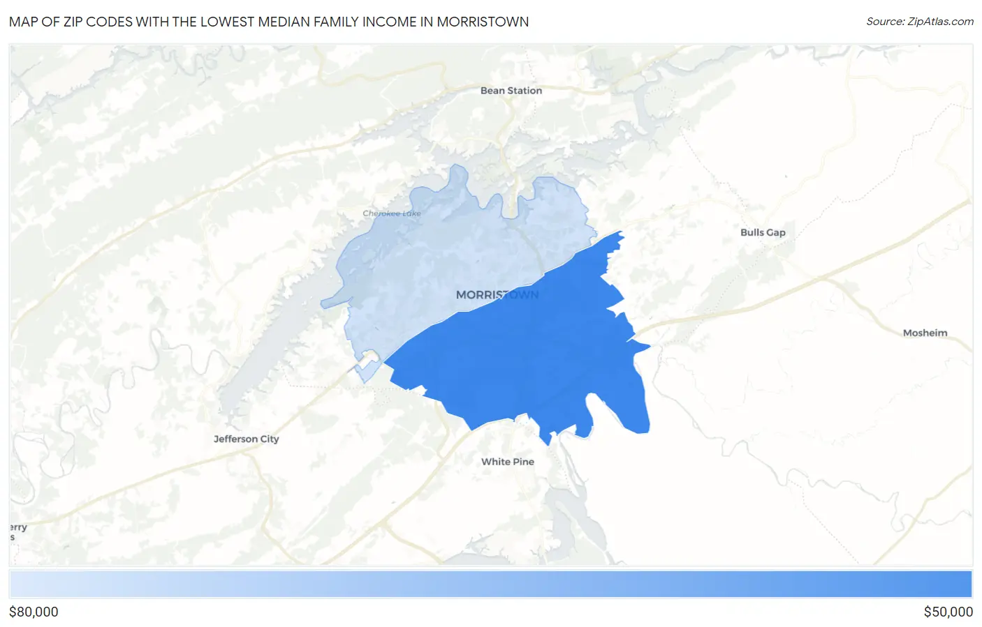 Zip Codes with the Lowest Median Family Income in Morristown Map