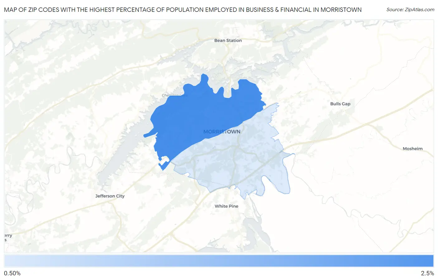 Zip Codes with the Highest Percentage of Population Employed in Business & Financial in Morristown Map