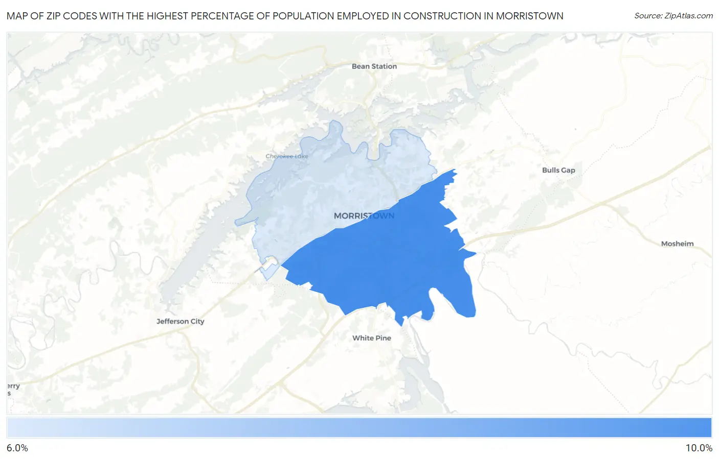 Zip Codes with the Highest Percentage of Population Employed in Construction in Morristown Map