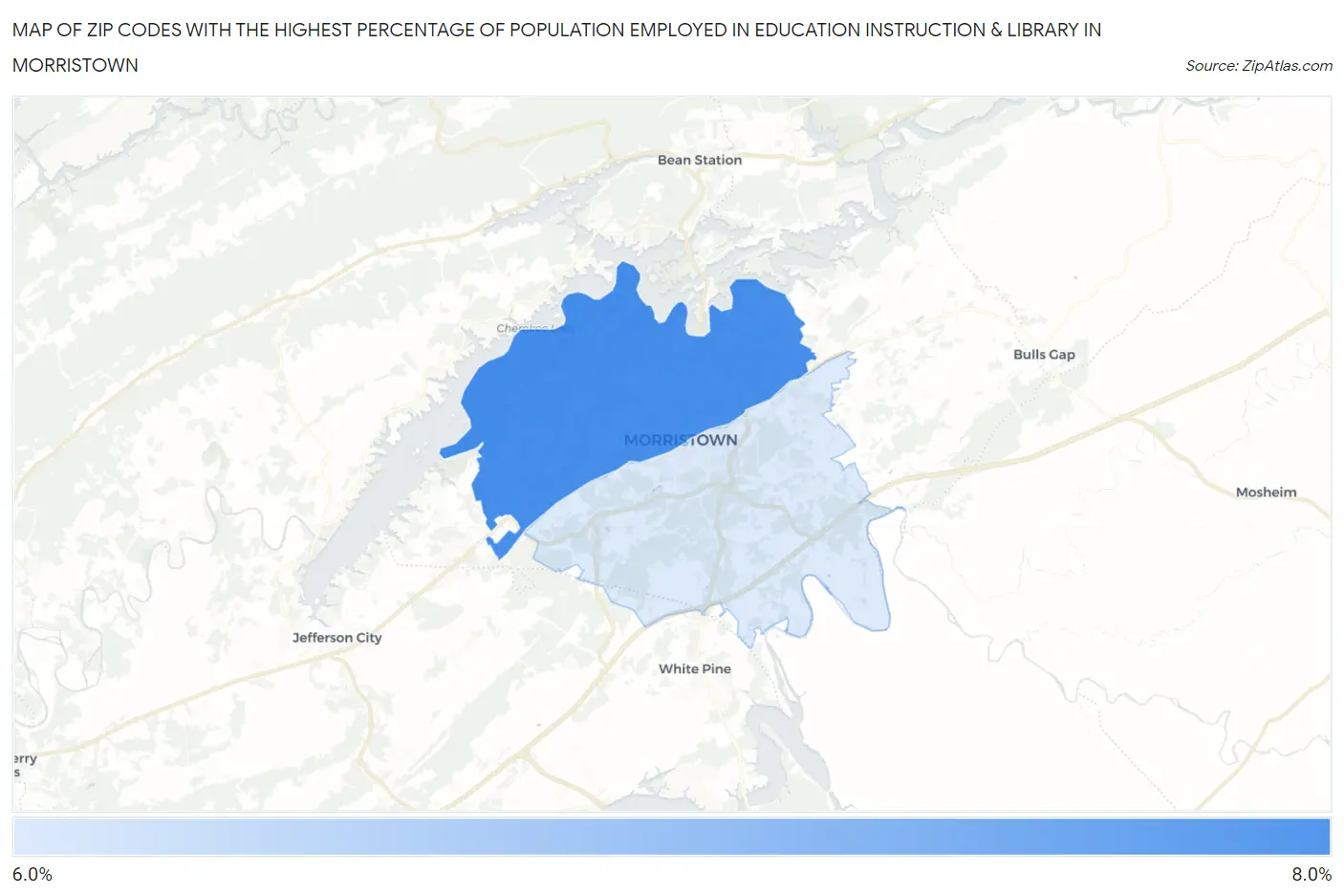 Zip Codes with the Highest Percentage of Population Employed in Education Instruction & Library in Morristown Map