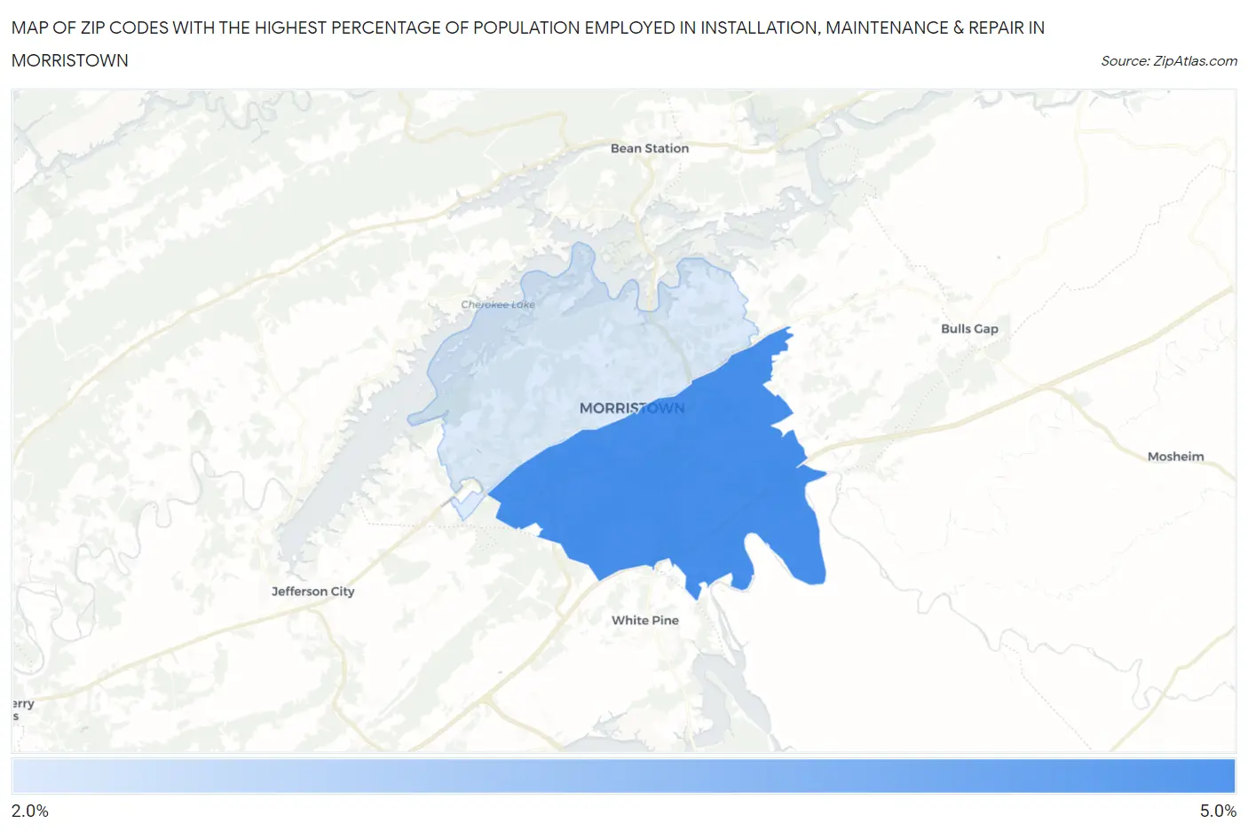 Zip Codes with the Highest Percentage of Population Employed in Installation, Maintenance & Repair in Morristown Map