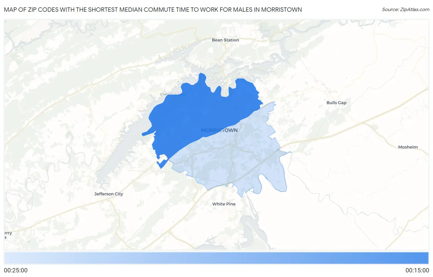 Zip Codes with the Shortest Median Commute Time to Work for Males in Morristown Map