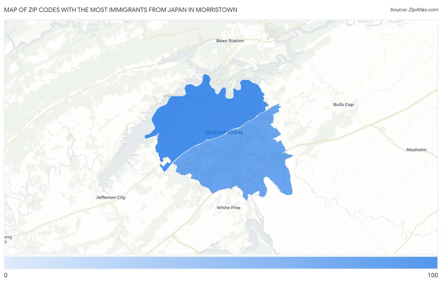 Zip Codes with the Most Immigrants from Japan in Morristown Map