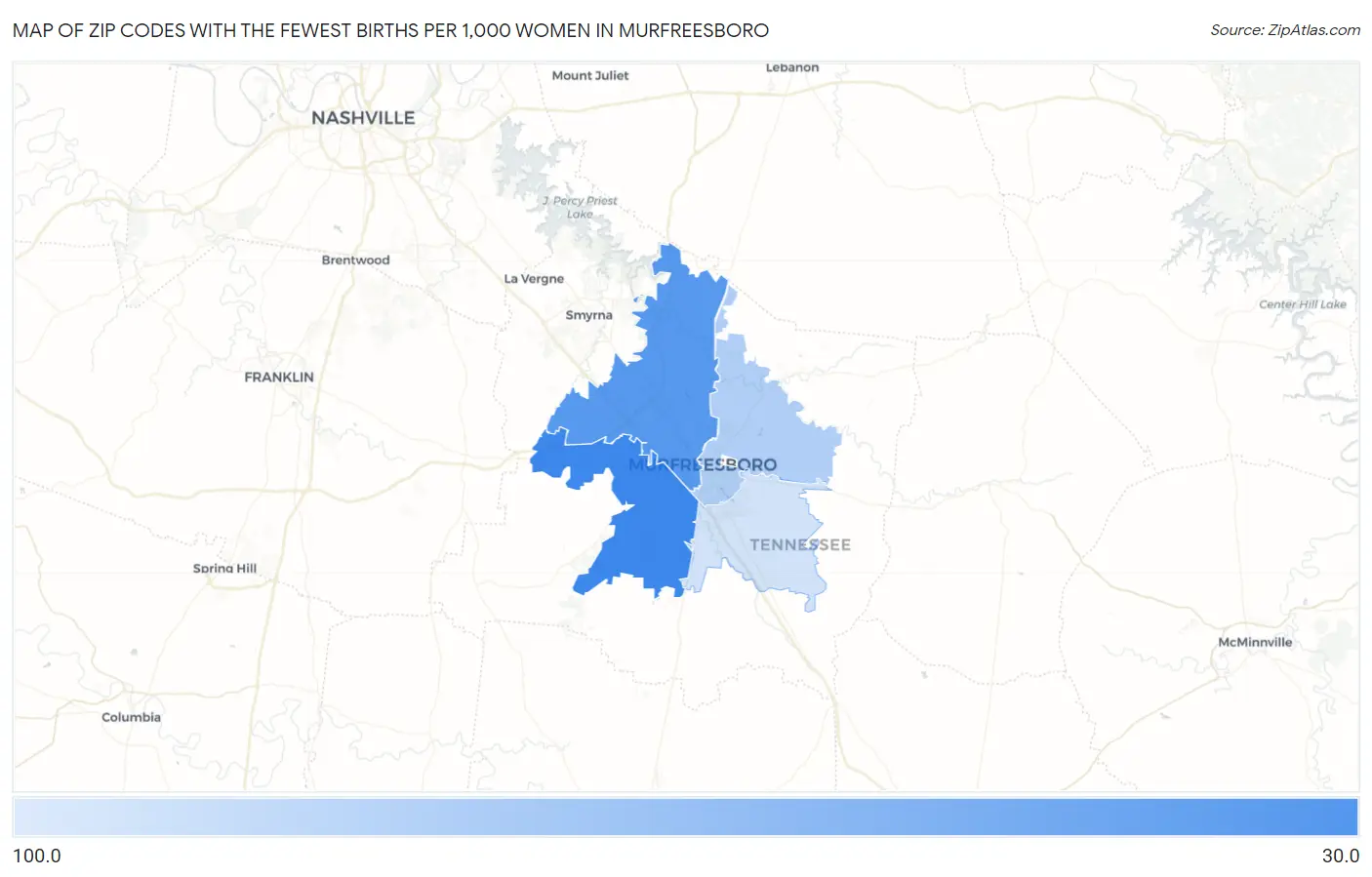 Zip Codes with the Fewest Births per 1,000 Women in Murfreesboro Map