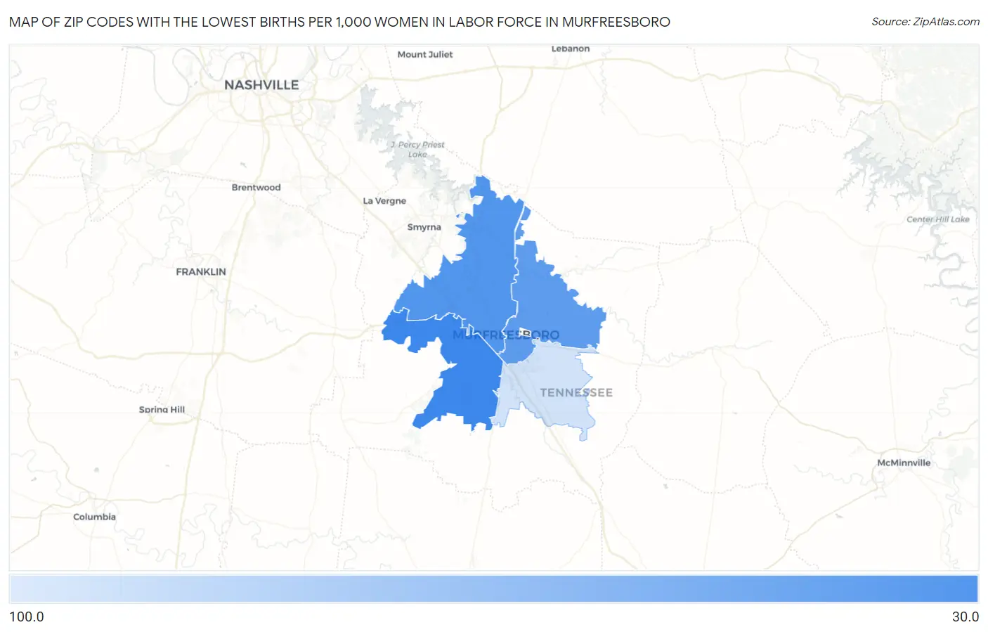 Zip Codes with the Lowest Births per 1,000 Women in Labor Force in Murfreesboro Map