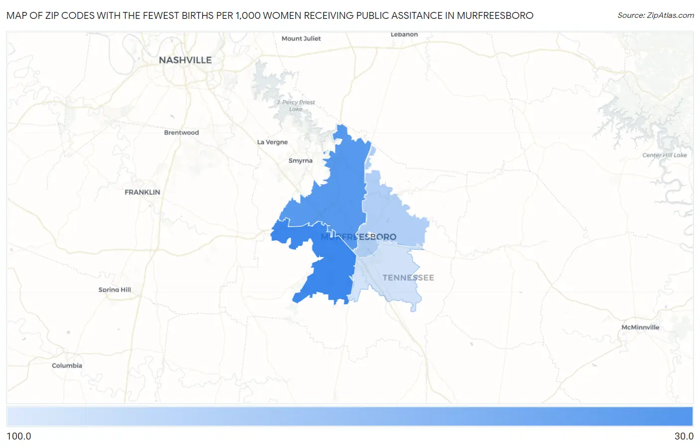 Zip Codes with the Fewest Births per 1,000 Women Receiving Public Assitance in Murfreesboro Map