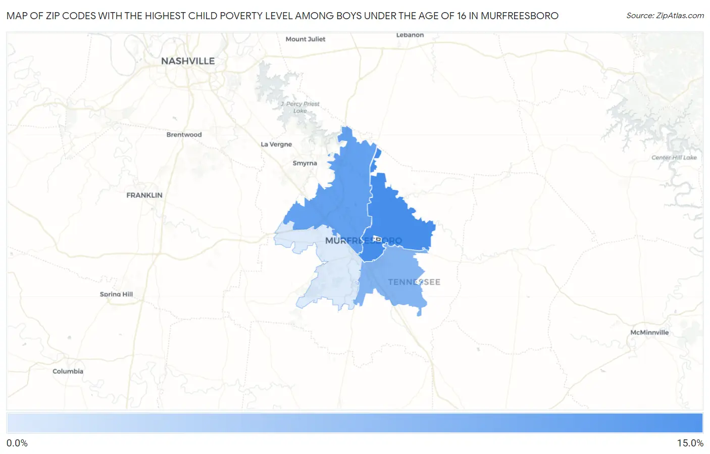 Zip Codes with the Highest Child Poverty Level Among Boys Under the Age of 16 in Murfreesboro Map