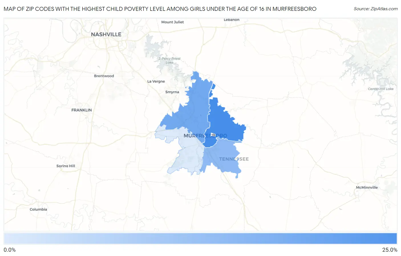 Zip Codes with the Highest Child Poverty Level Among Girls Under the Age of 16 in Murfreesboro Map