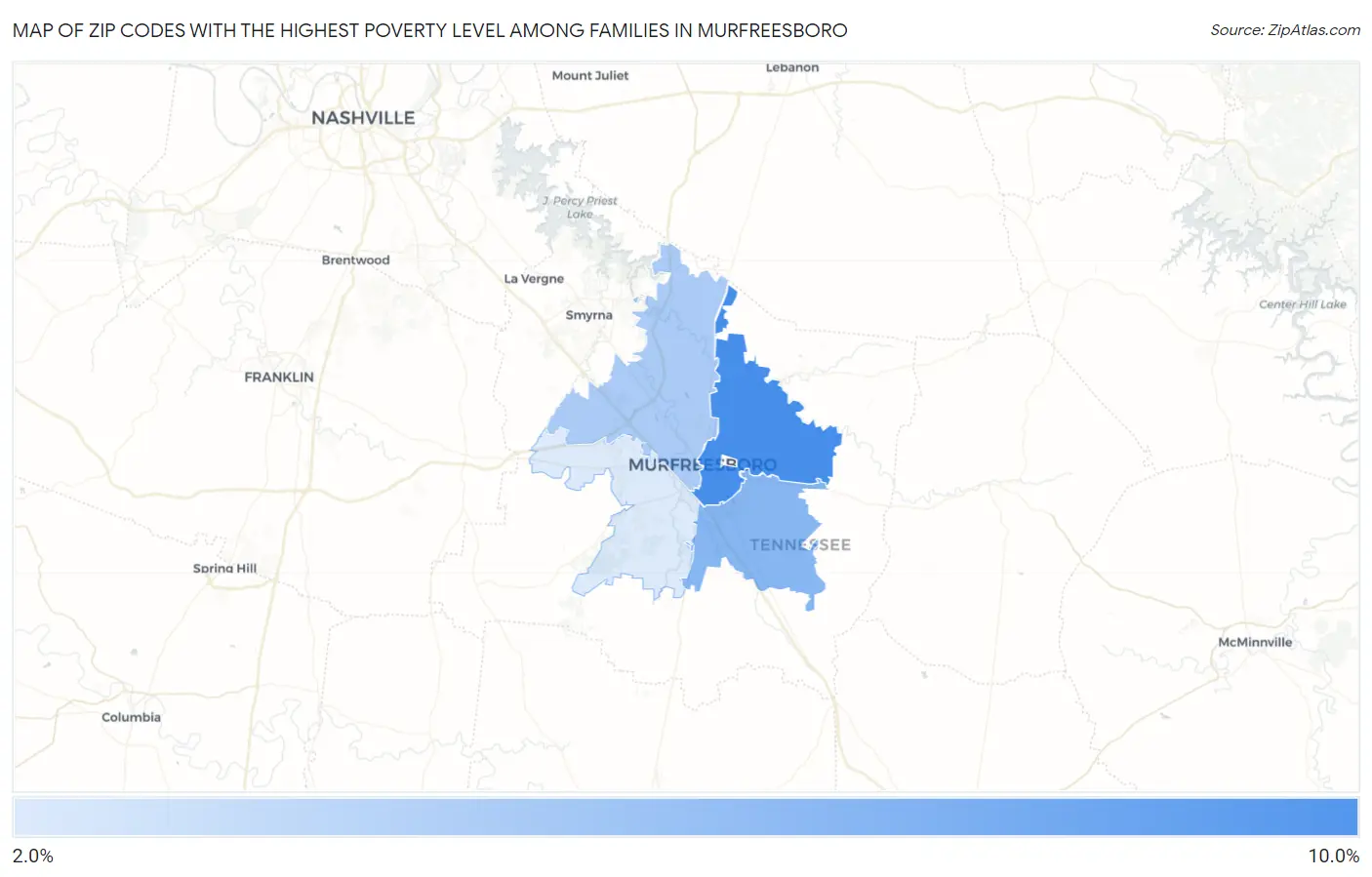 Zip Codes with the Highest Poverty Level Among Families in Murfreesboro Map