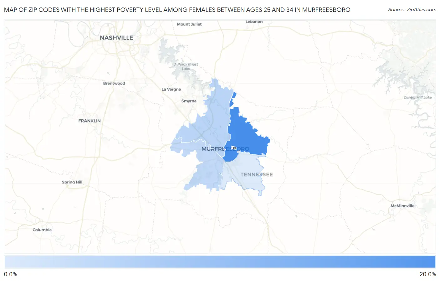 Zip Codes with the Highest Poverty Level Among Females Between Ages 25 and 34 in Murfreesboro Map
