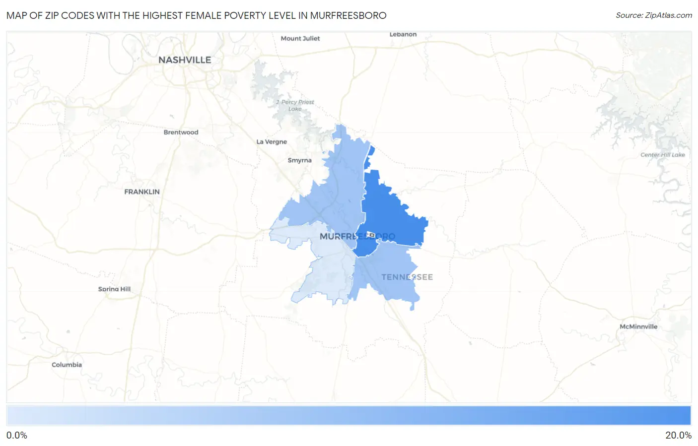 Zip Codes with the Highest Female Poverty Level in Murfreesboro Map