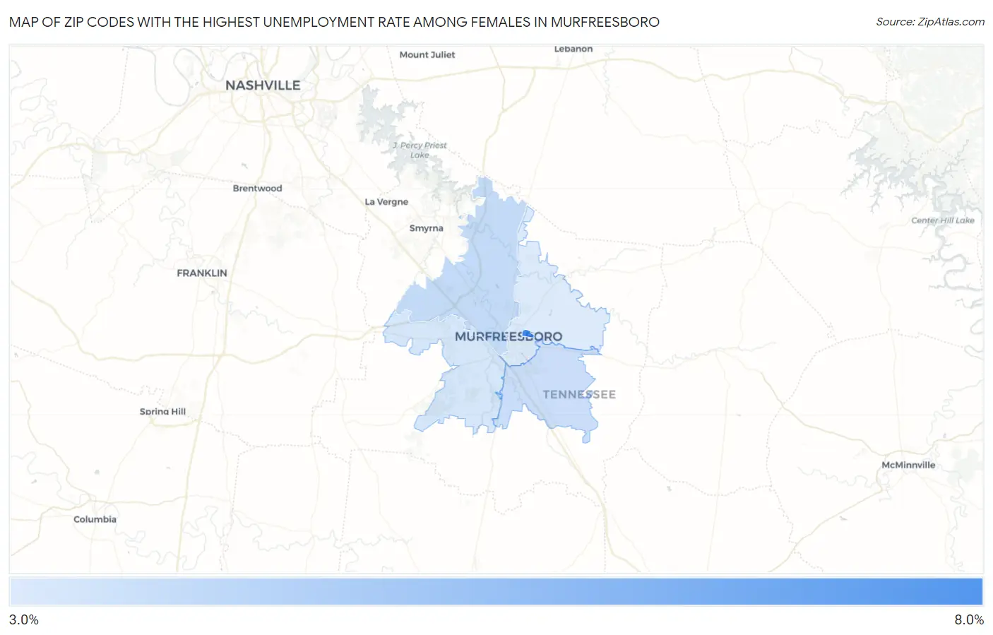 Zip Codes with the Highest Unemployment Rate Among Females in Murfreesboro Map