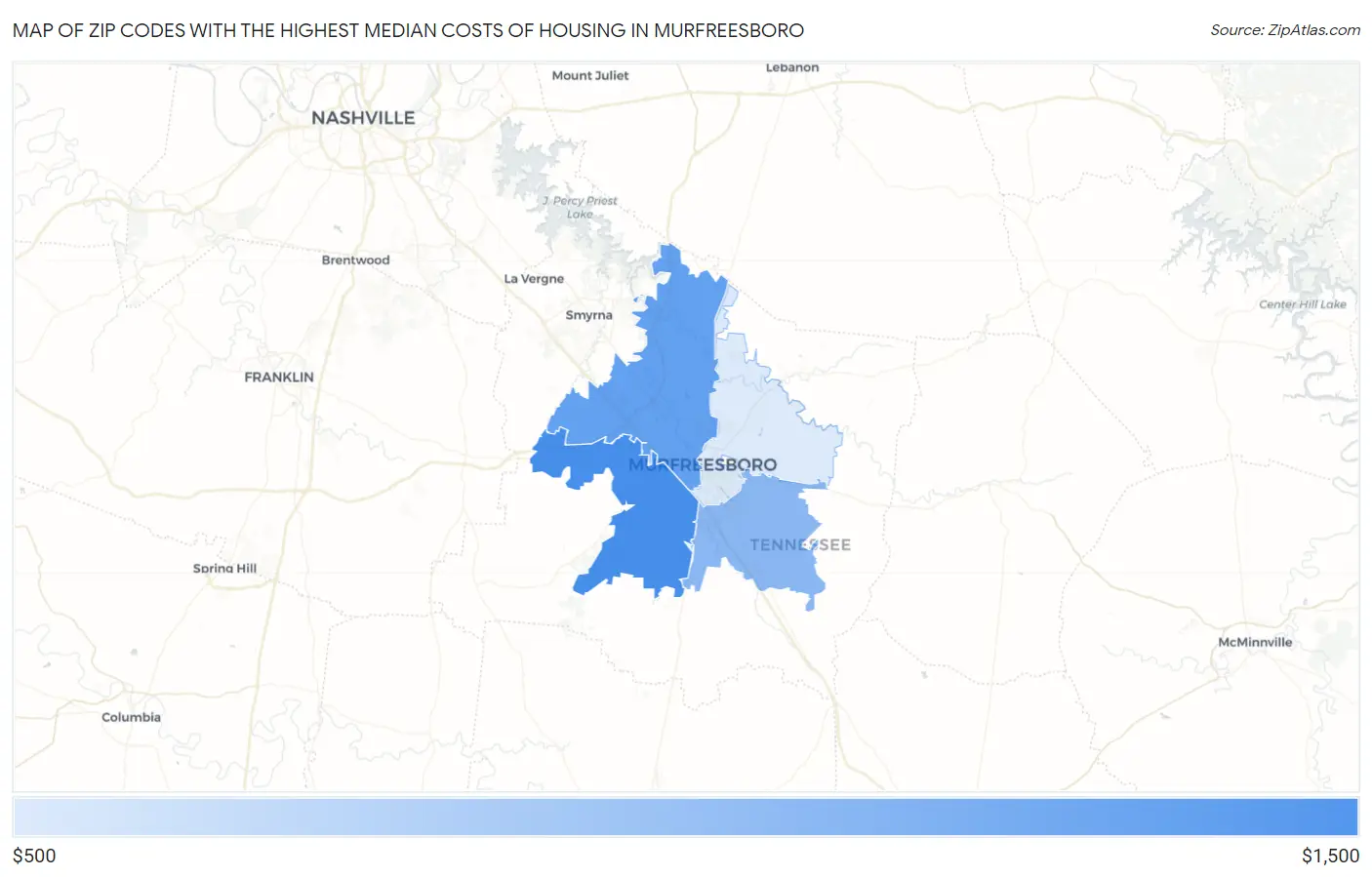 Zip Codes with the Highest Median Costs of Housing in Murfreesboro Map