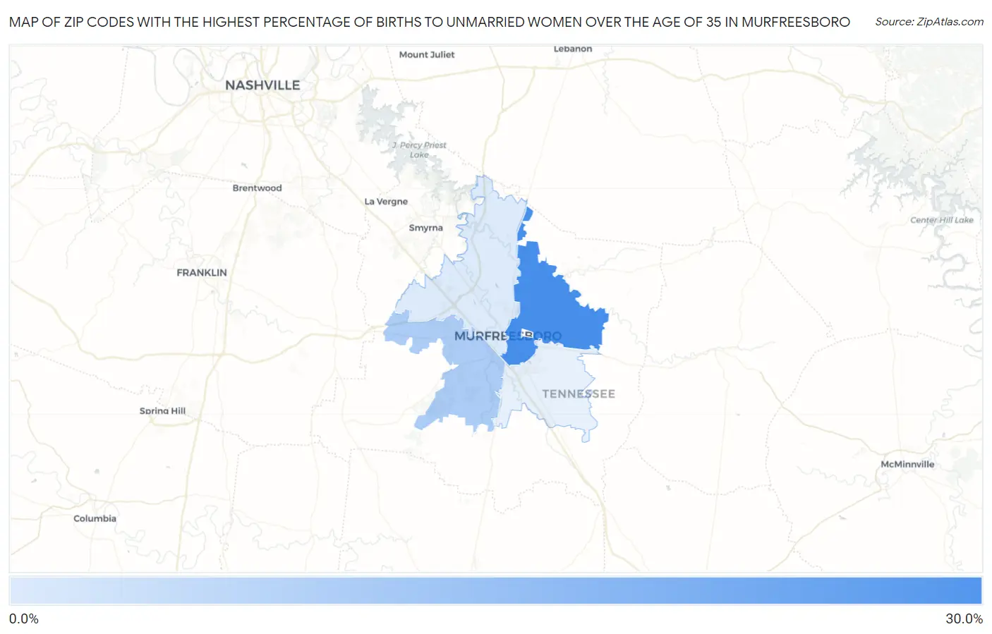 Zip Codes with the Highest Percentage of Births to Unmarried Women over the Age of 35 in Murfreesboro Map
