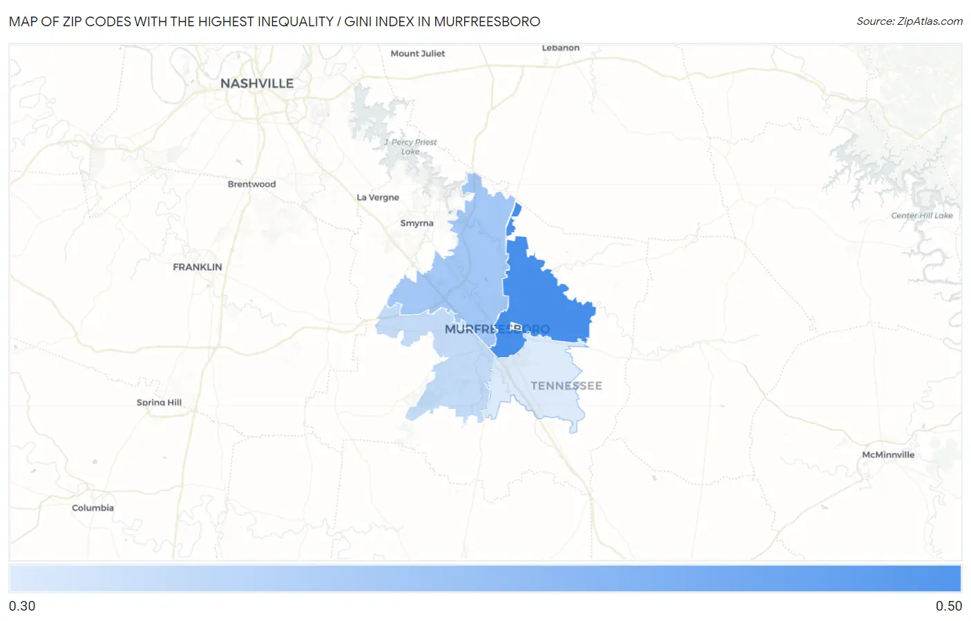 Zip Codes with the Highest Inequality / Gini Index in Murfreesboro Map