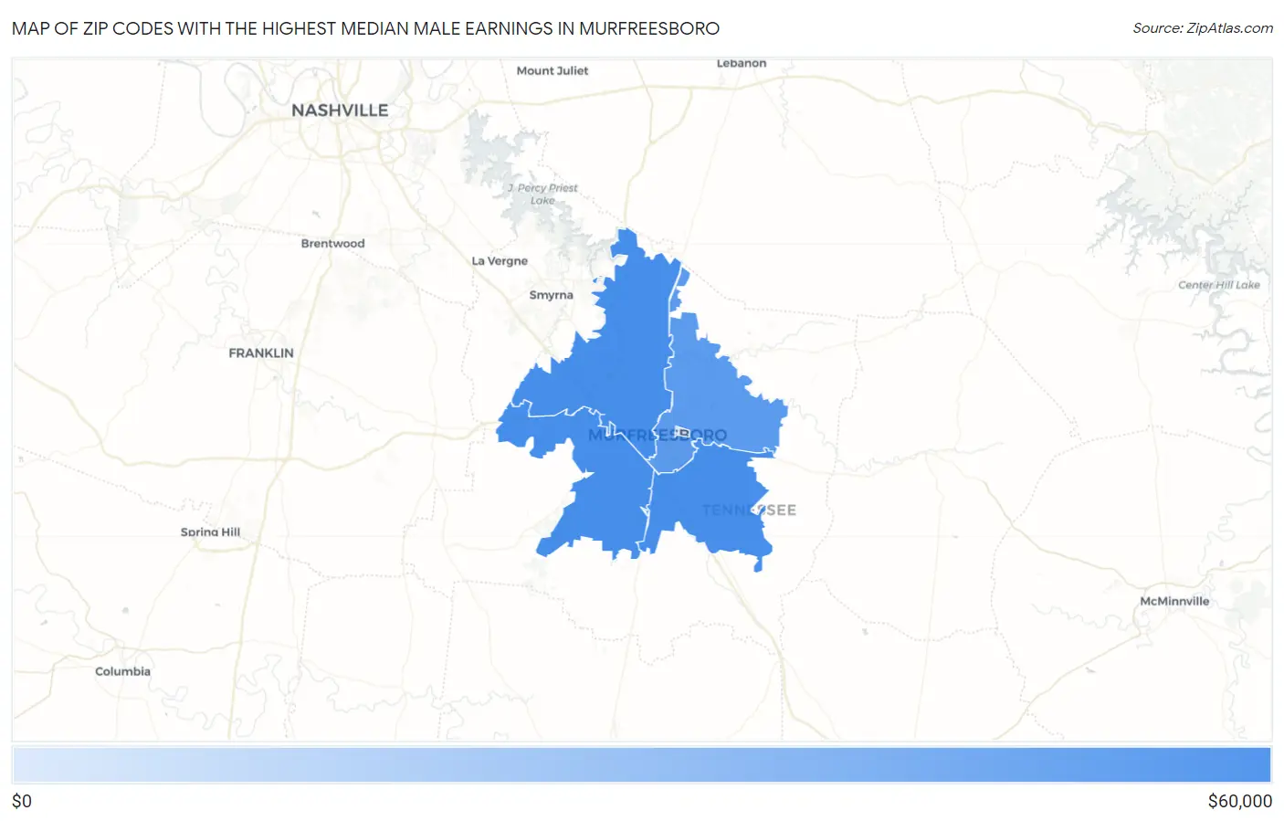 Zip Codes with the Highest Median Male Earnings in Murfreesboro Map