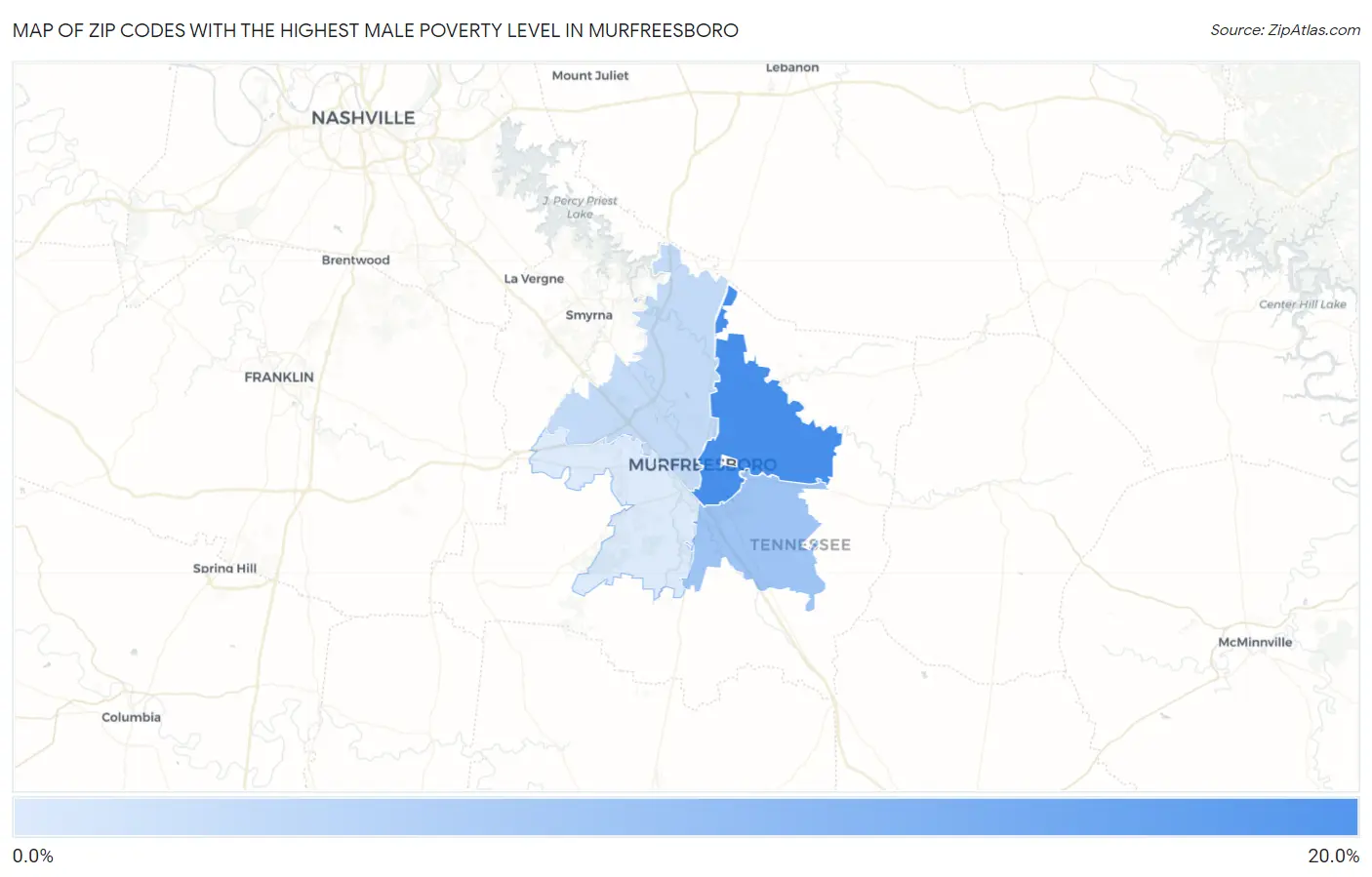 Zip Codes with the Highest Male Poverty Level in Murfreesboro Map
