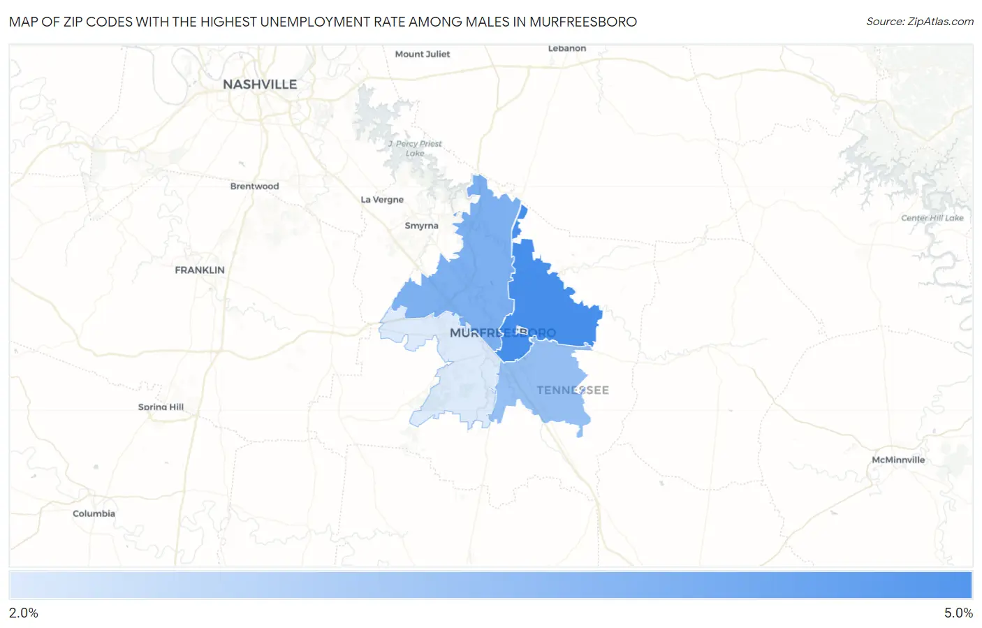 Zip Codes with the Highest Unemployment Rate Among Males in Murfreesboro Map