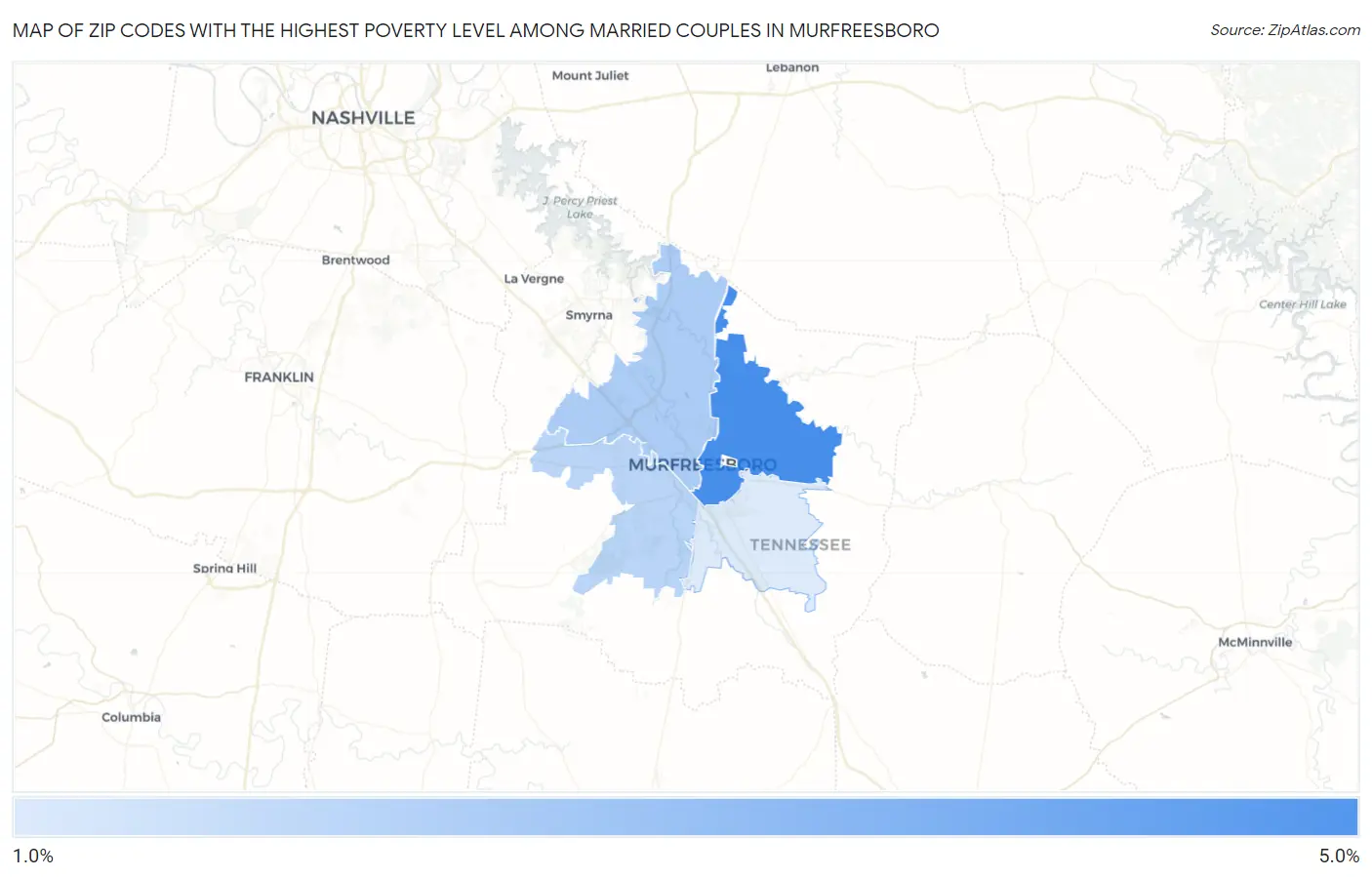 Zip Codes with the Highest Poverty Level Among Married Couples in Murfreesboro Map