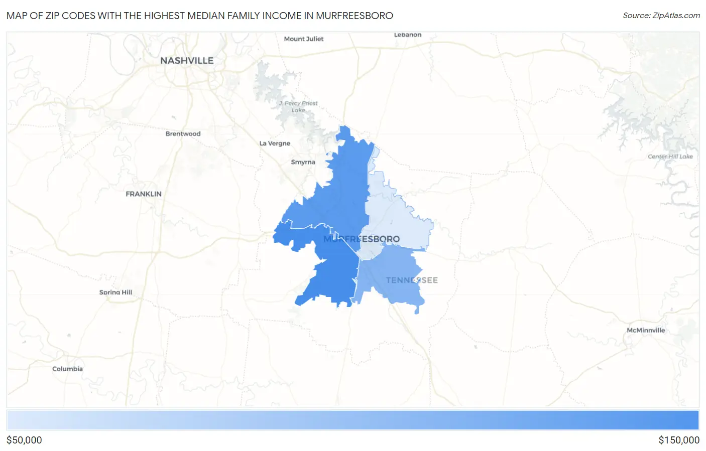 Zip Codes with the Highest Median Family Income in Murfreesboro Map