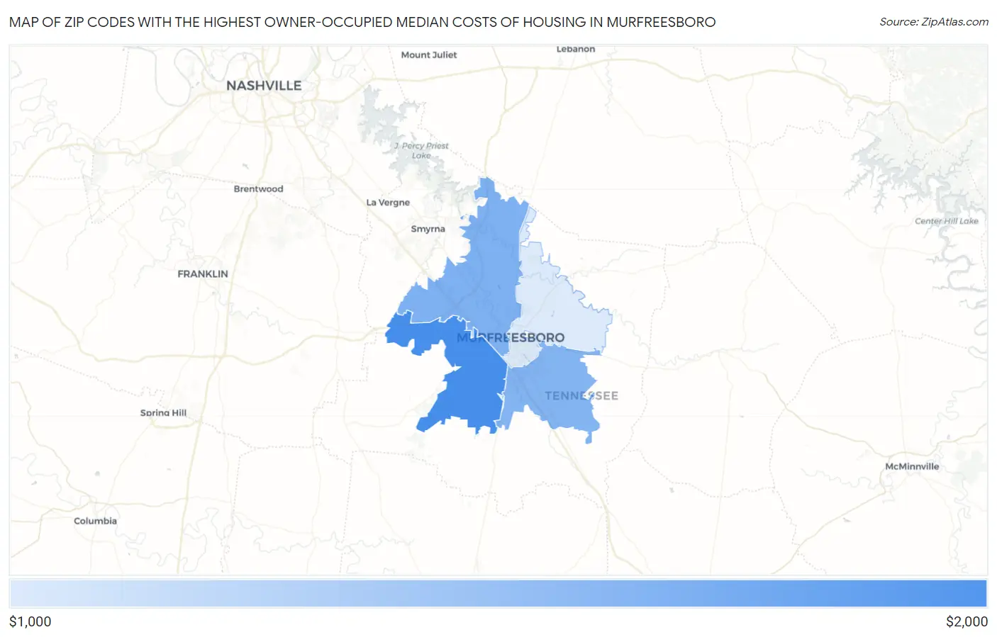 Zip Codes with the Highest Owner-Occupied Median Costs of Housing in Murfreesboro Map