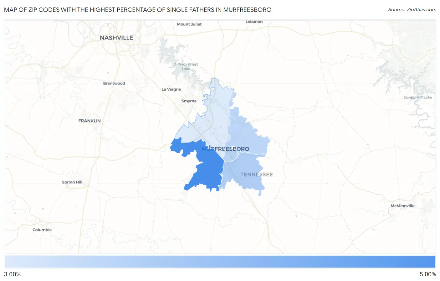 Zip Codes with the Highest Percentage of Single Fathers in Murfreesboro Map