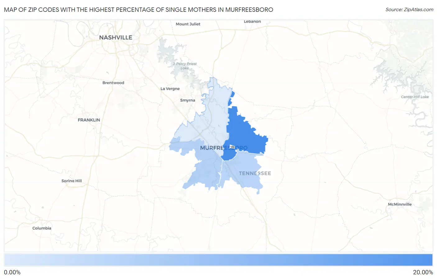 Zip Codes with the Highest Percentage of Single Mothers in Murfreesboro Map