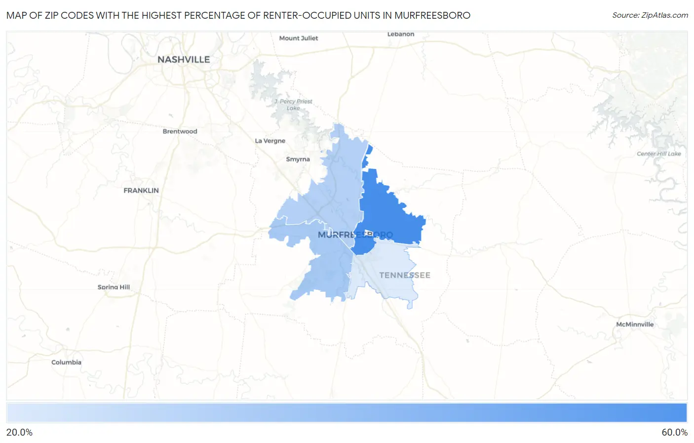 Zip Codes with the Highest Percentage of Renter-Occupied Units in Murfreesboro Map