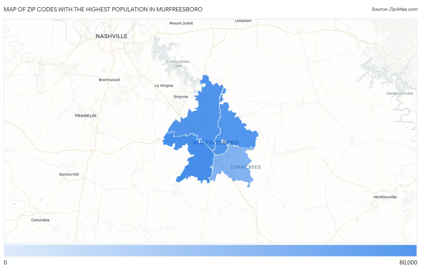 Zip Codes with the Highest Population in Murfreesboro Map