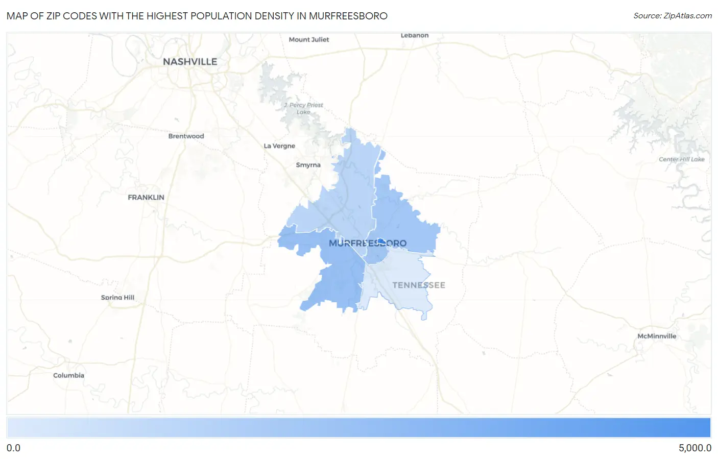 Zip Codes with the Highest Population Density in Murfreesboro Map