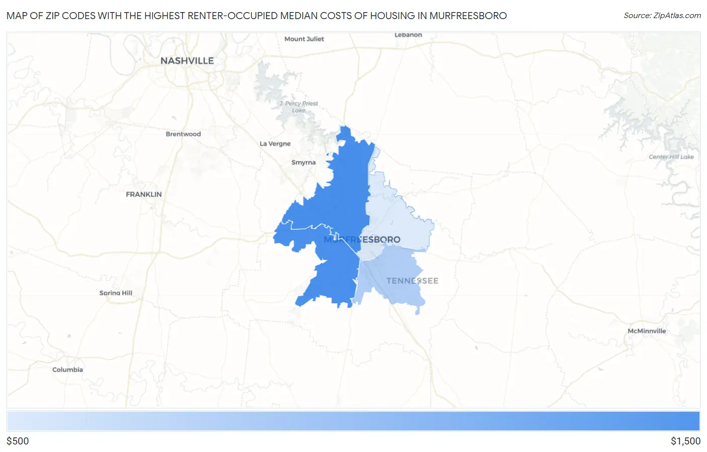 Zip Codes with the Highest Renter-Occupied Median Costs of Housing in Murfreesboro Map