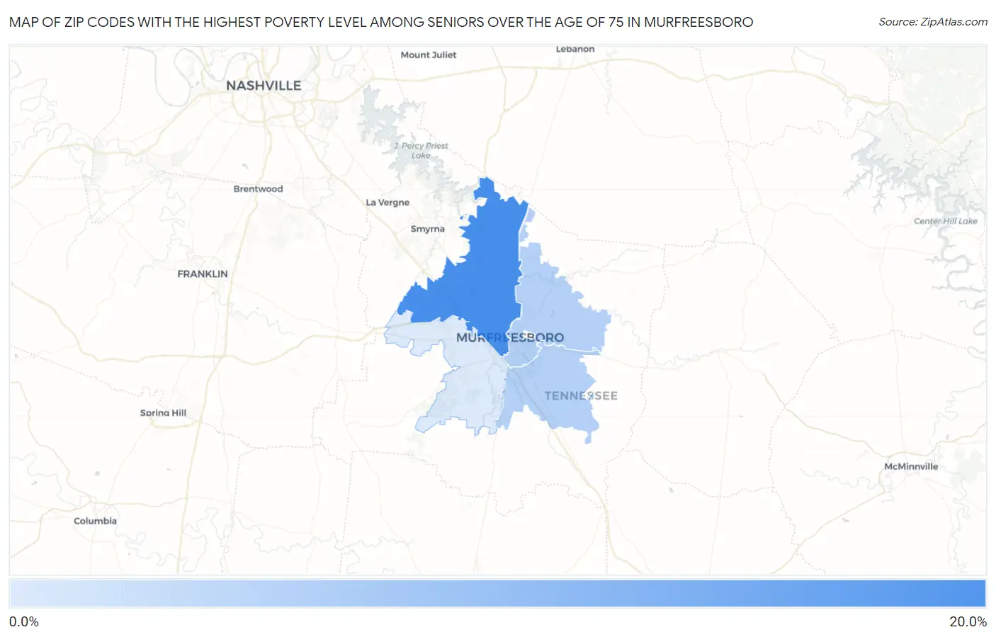 Zip Codes with the Highest Poverty Level Among Seniors Over the Age of 75 in Murfreesboro Map