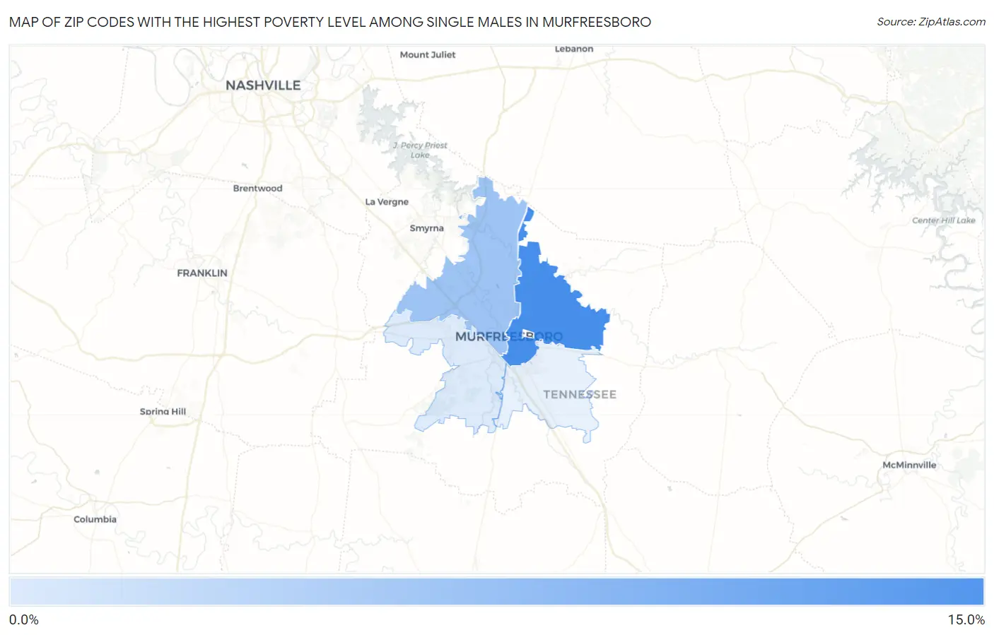 Zip Codes with the Highest Poverty Level Among Single Males in Murfreesboro Map