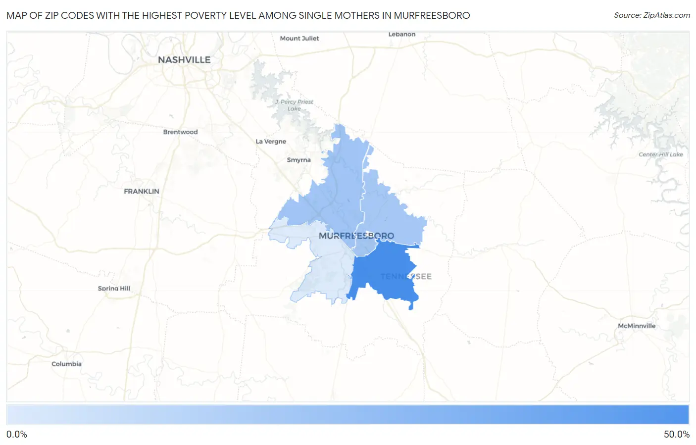 Zip Codes with the Highest Poverty Level Among Single Mothers in Murfreesboro Map