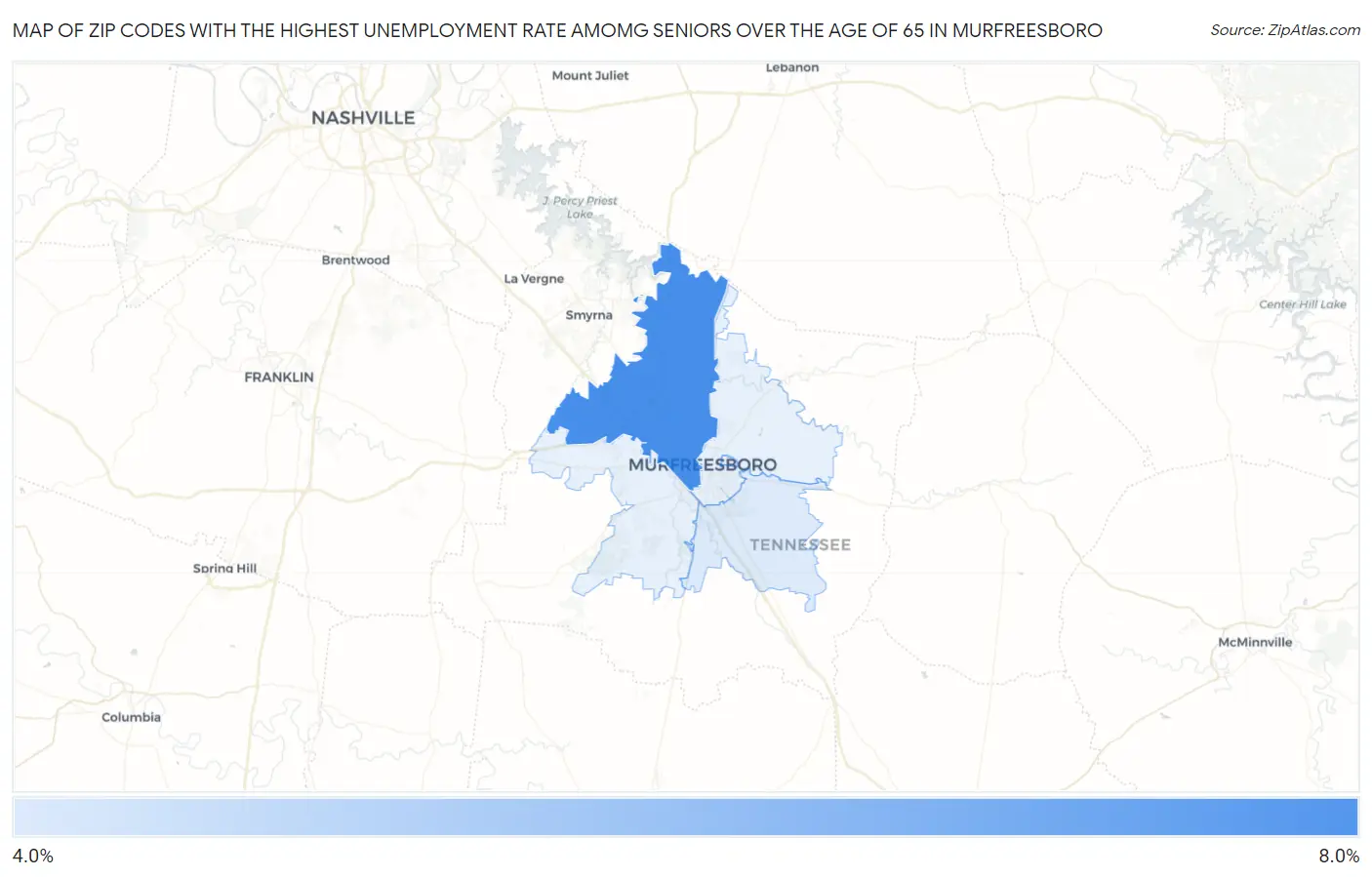 Zip Codes with the Highest Unemployment Rate Amomg Seniors Over the Age of 65 in Murfreesboro Map