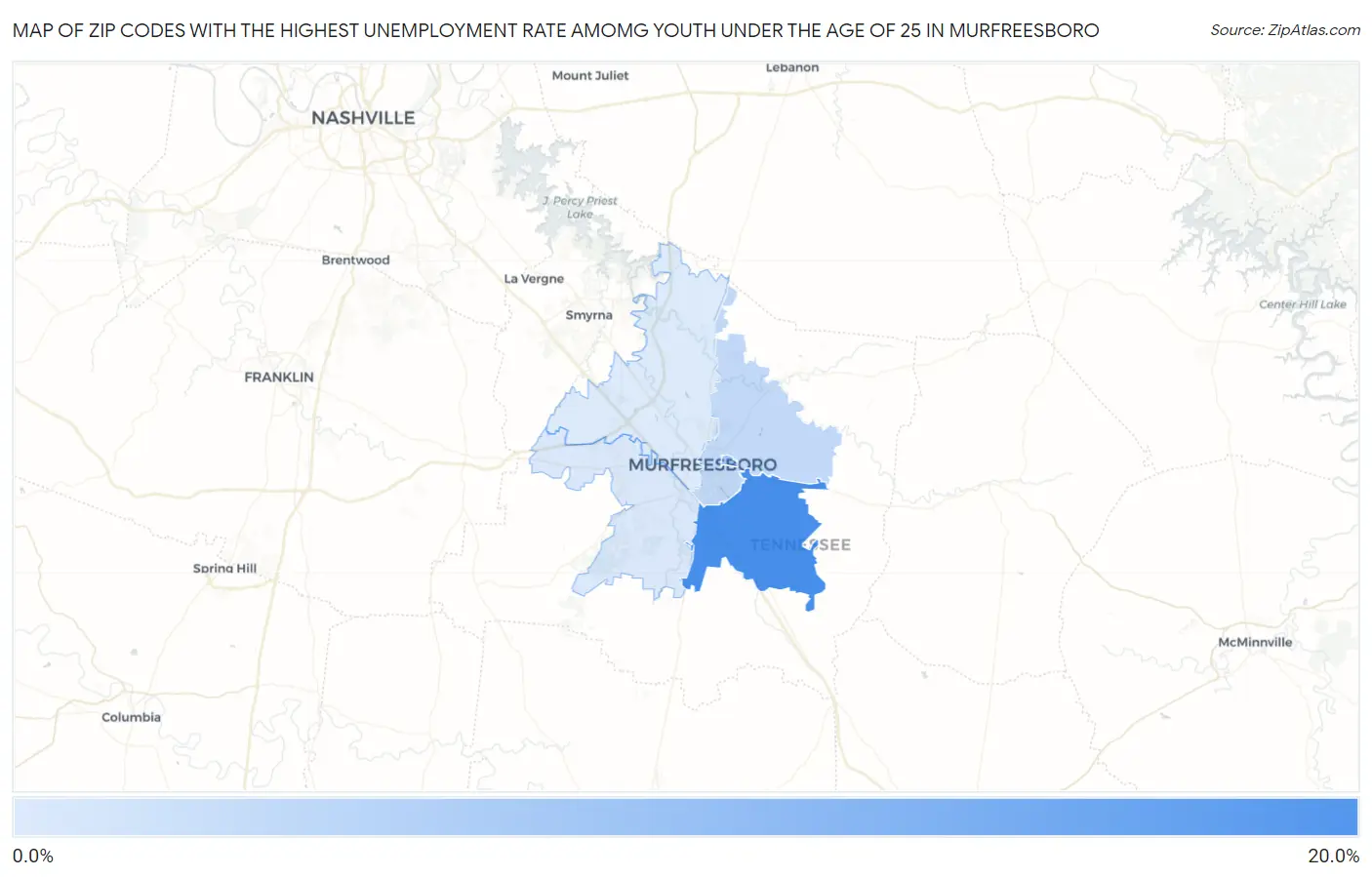 Zip Codes with the Highest Unemployment Rate Amomg Youth Under the Age of 25 in Murfreesboro Map