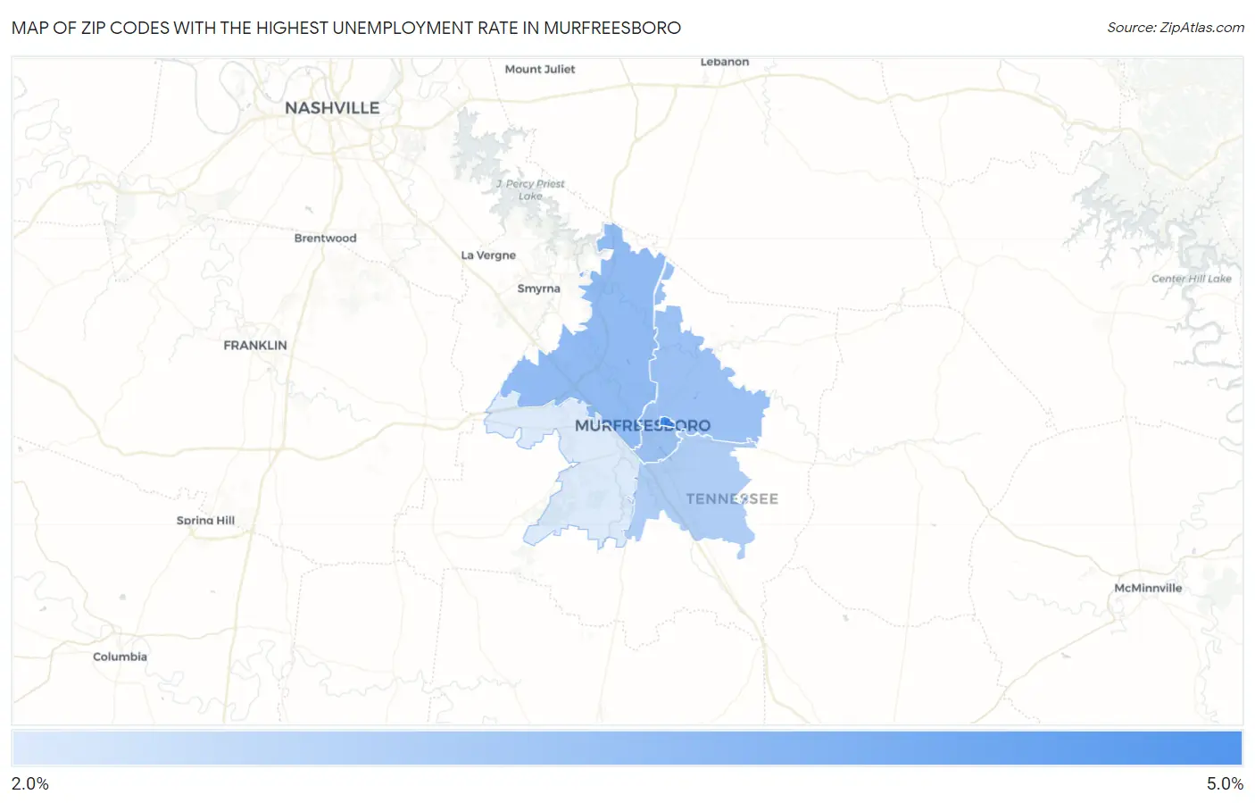 Zip Codes with the Highest Unemployment Rate in Murfreesboro Map