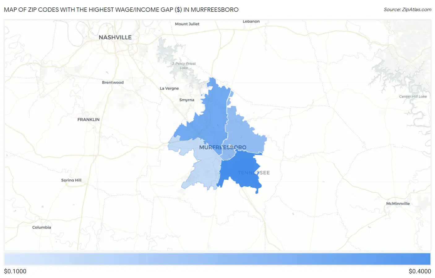 Zip Codes with the Highest Wage/Income Gap ($) in Murfreesboro Map